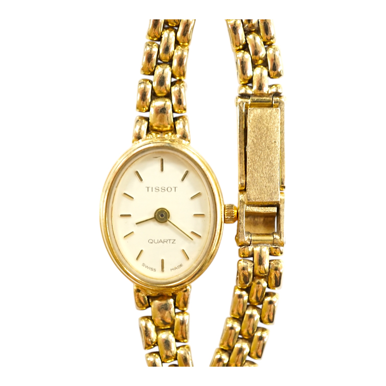 A lady's modern 9ct gold Tissot quartz wrist watch, on a 9ct gold bracelet, gross weight 19.5 grams. Condition - poor to fair